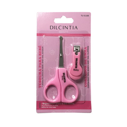 KIT TESOURA E CORTADOR DE UNHAS PARA BEBE - ACO INOX - C CABO PLASTICO ROSA