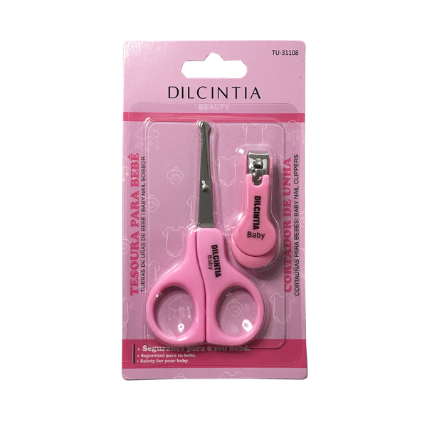 KIT TESOURA E CORTADOR DE UNHAS PARA BEBE - ACO INOX - C CABO PLASTICO ROSA