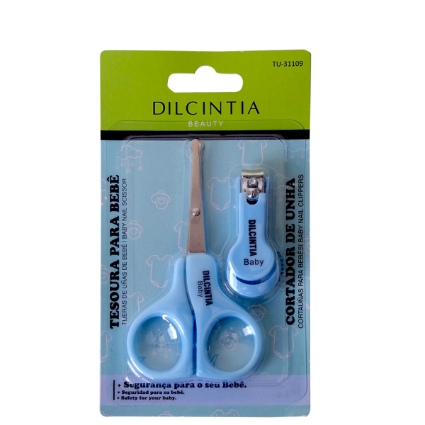 KIT TESOURA E CORTADOR DE UNHAS PARA BEBE - ACO INOX - CABO PLASTICO AZUL